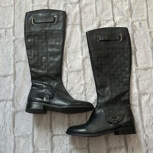 Etienne Aigner Black Leather Tall Riding Boots Monogram E-Gilbert Size 7M